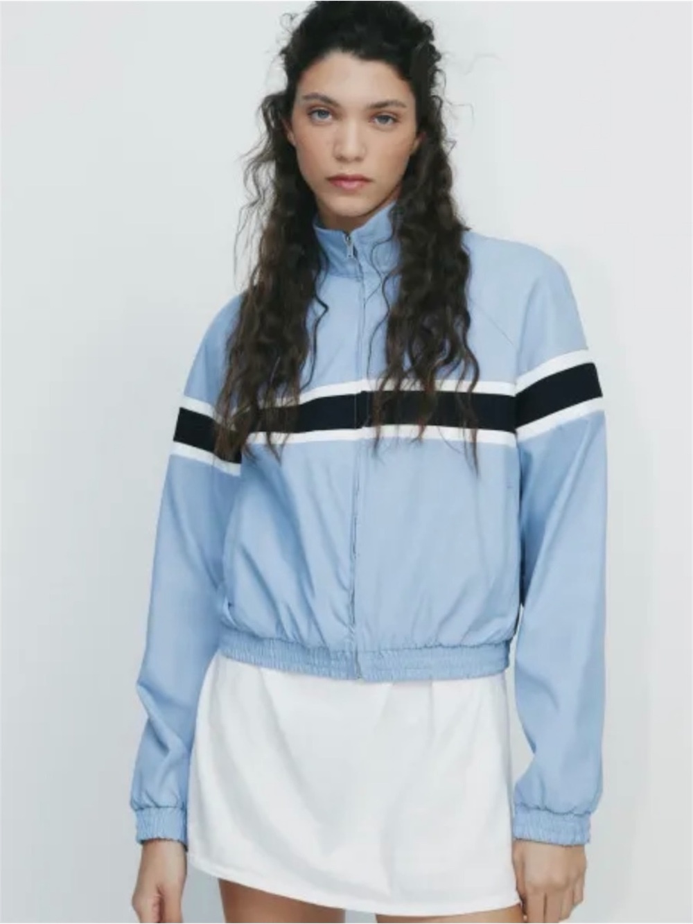 ZARA Funnel Neck Zip-Up Blue Striped Jacket, Wmn’s Sz XS
